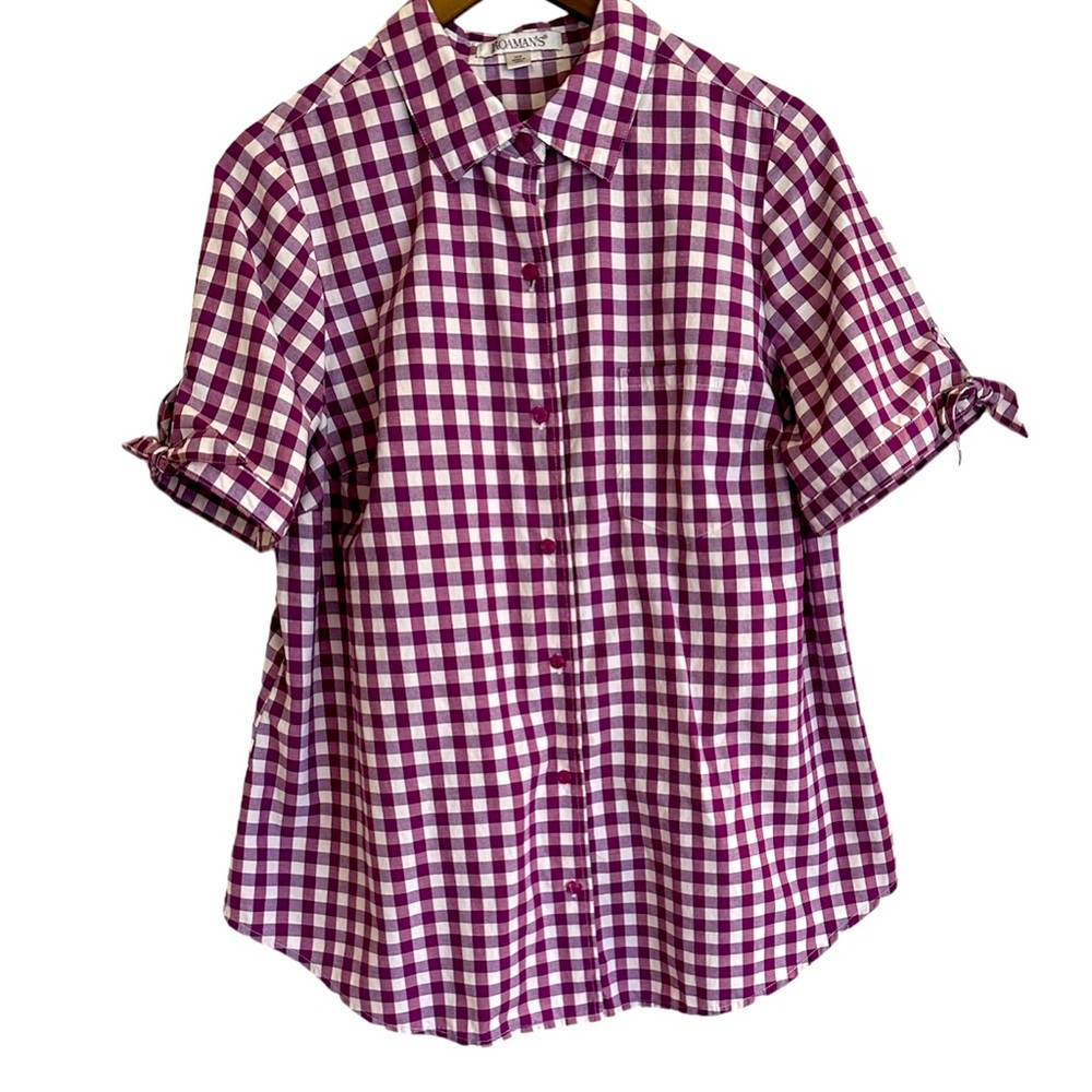 Romans berry pink French check button front top women 14W